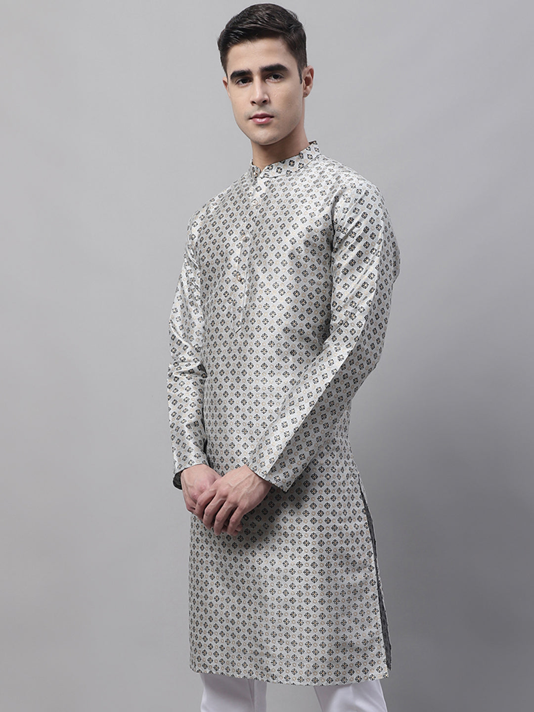 Jompers Men's Grey Printed Silk Blend Kurta