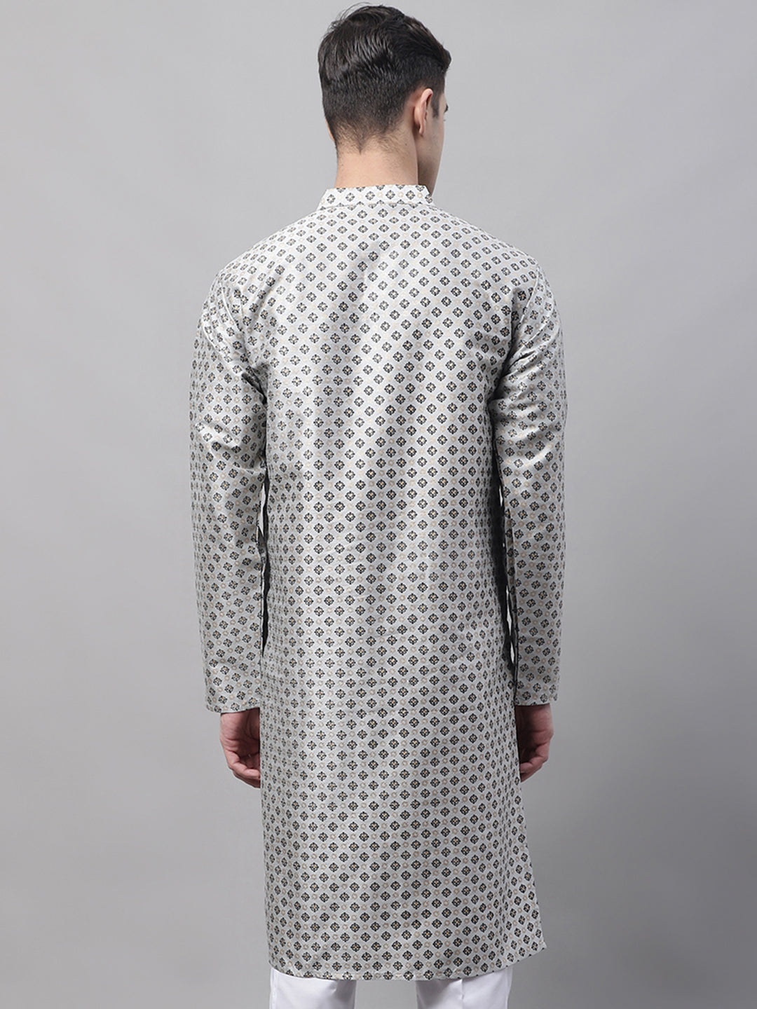 Jompers Men's Grey Printed Silk Blend Kurta