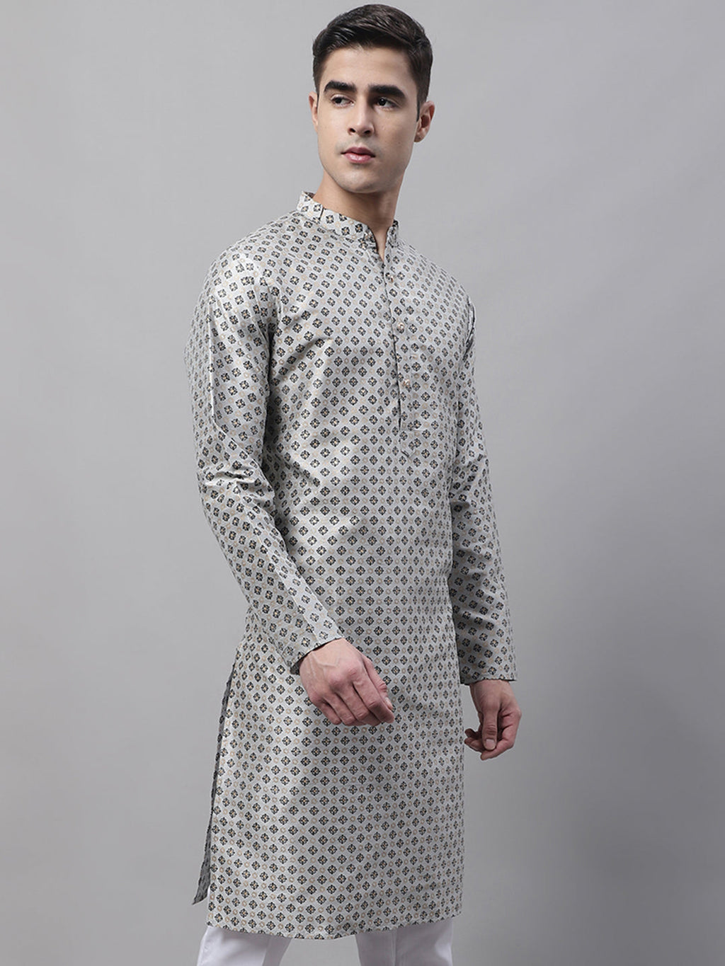 Jompers Men's Grey Printed Silk Blend Kurta