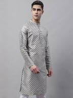 Jompers Men's Grey Printed Silk Blend Kurta