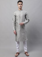 Jompers Men's Grey Printed Silk Blend Kurta