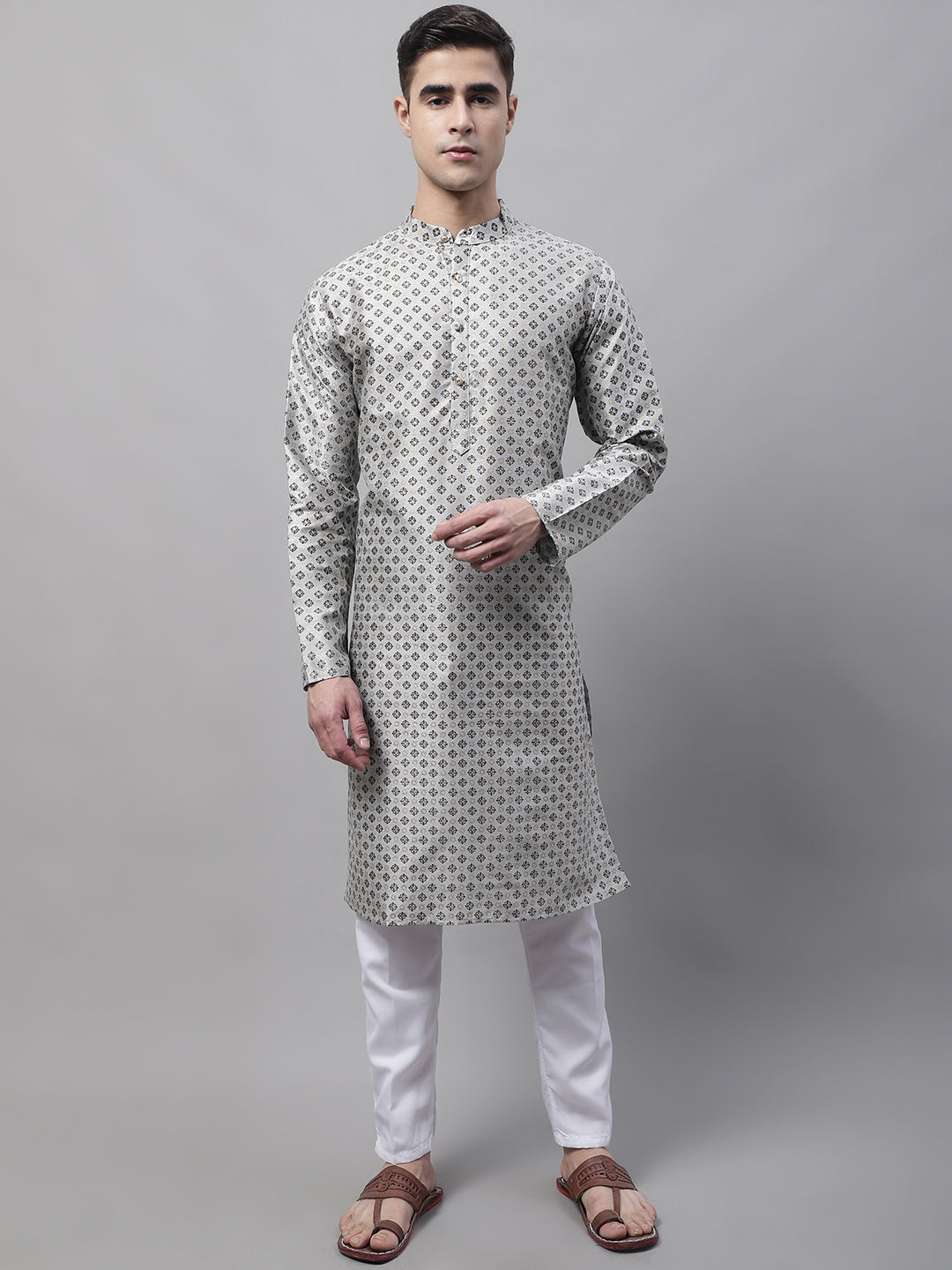 Jompers Men's Grey Printed Silk Blend Kurta