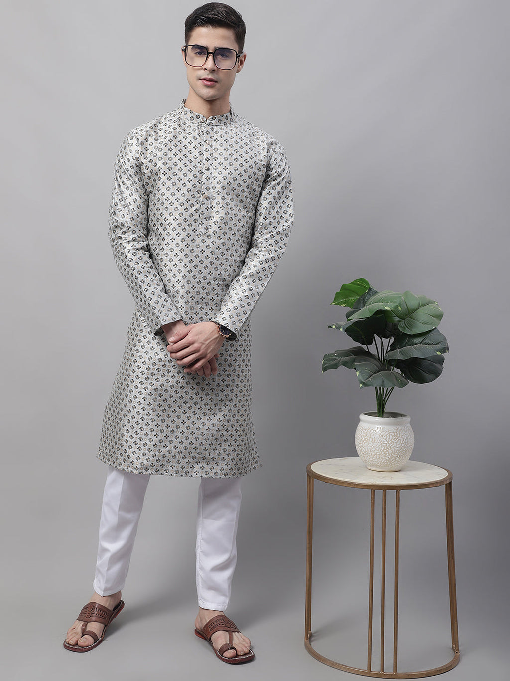 Jompers Men's Grey Printed Silk Blend Kurta