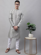 Jompers Men's Grey Printed Silk Blend Kurta