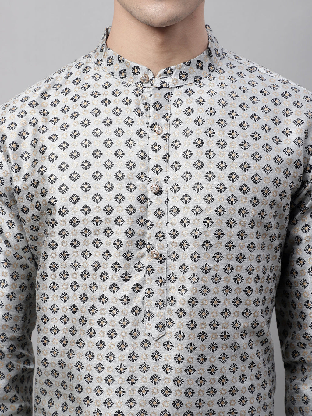 Jompers Men's Grey Printed Silk Blend Kurta