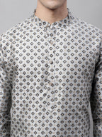 Jompers Men's Grey Printed Silk Blend Kurta