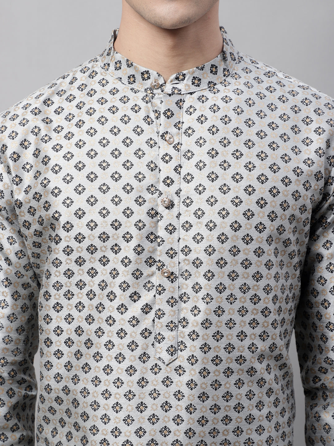 Jompers Men's Grey Printed Silk Blend Kurta