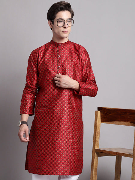 Jompers Men's Maroon Printed Silk Blend Kurta