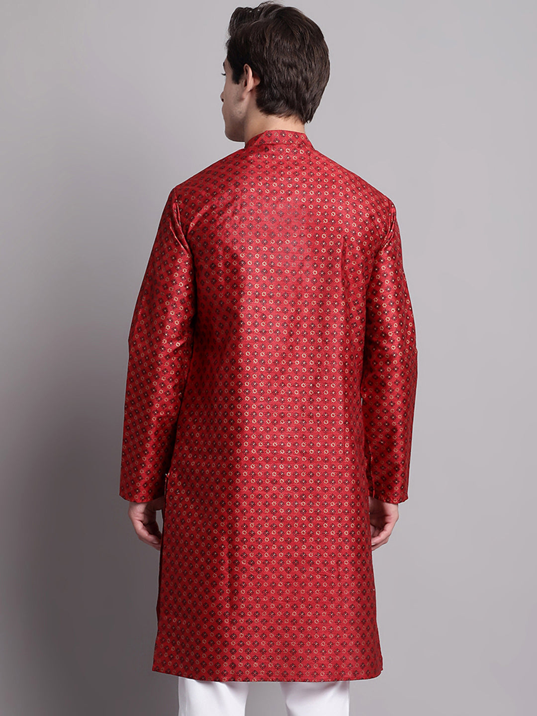 Jompers Men's Maroon Printed Silk Blend Kurta