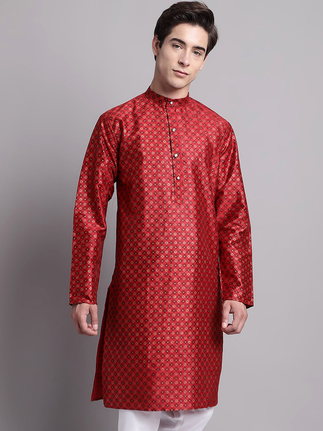 Jompers Men's Maroon Printed Silk Blend Kurta