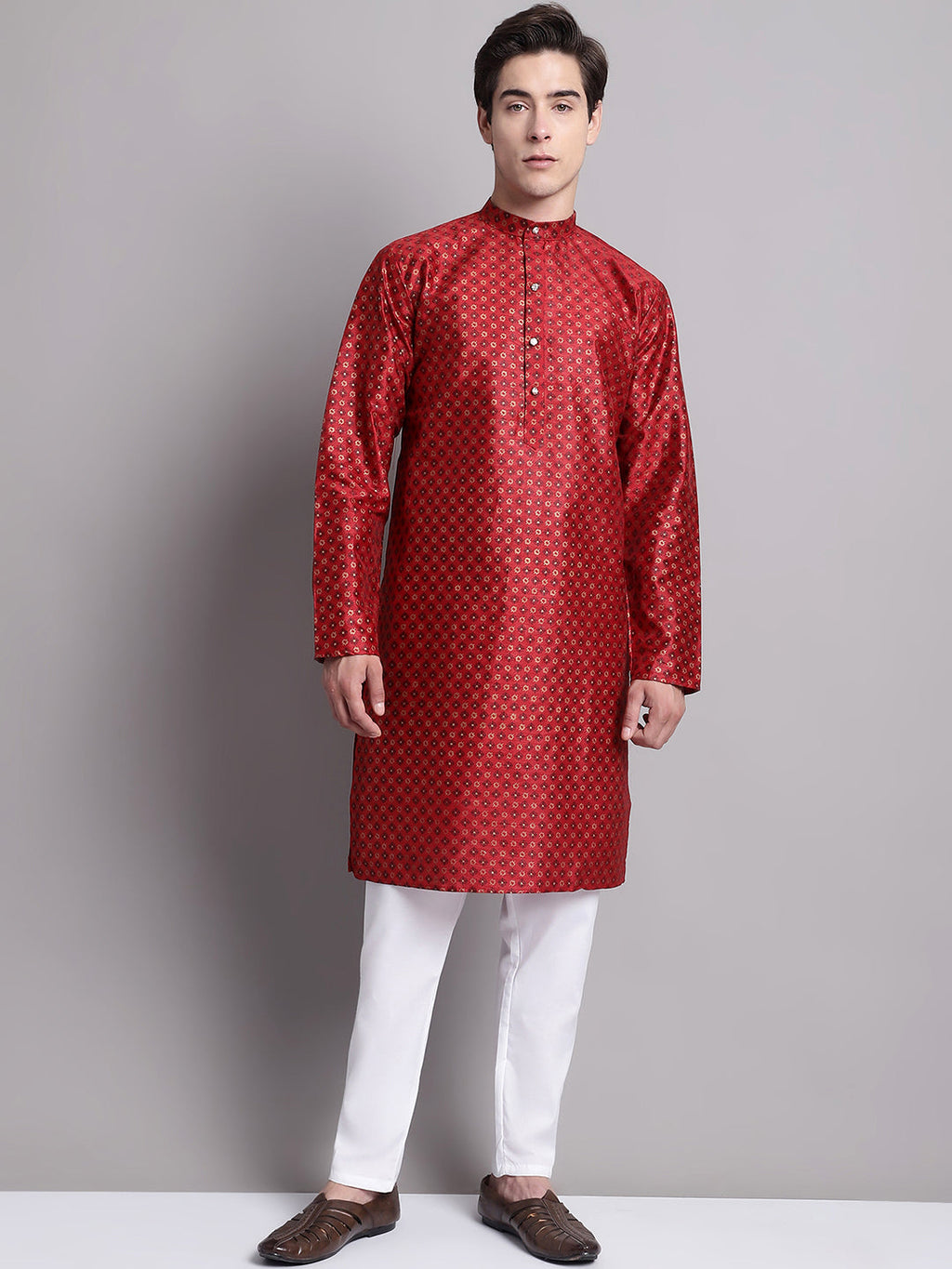 Jompers Men's Maroon Printed Silk Blend Kurta