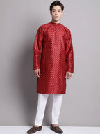Jompers Men's Maroon Printed Silk Blend Kurta