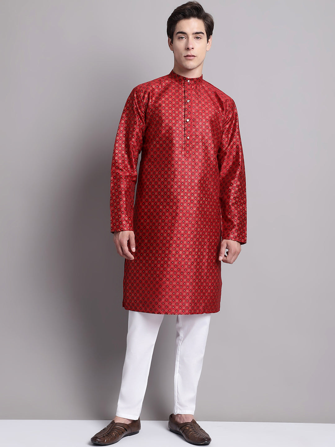Jompers Men's Maroon Printed Silk Blend Kurta
