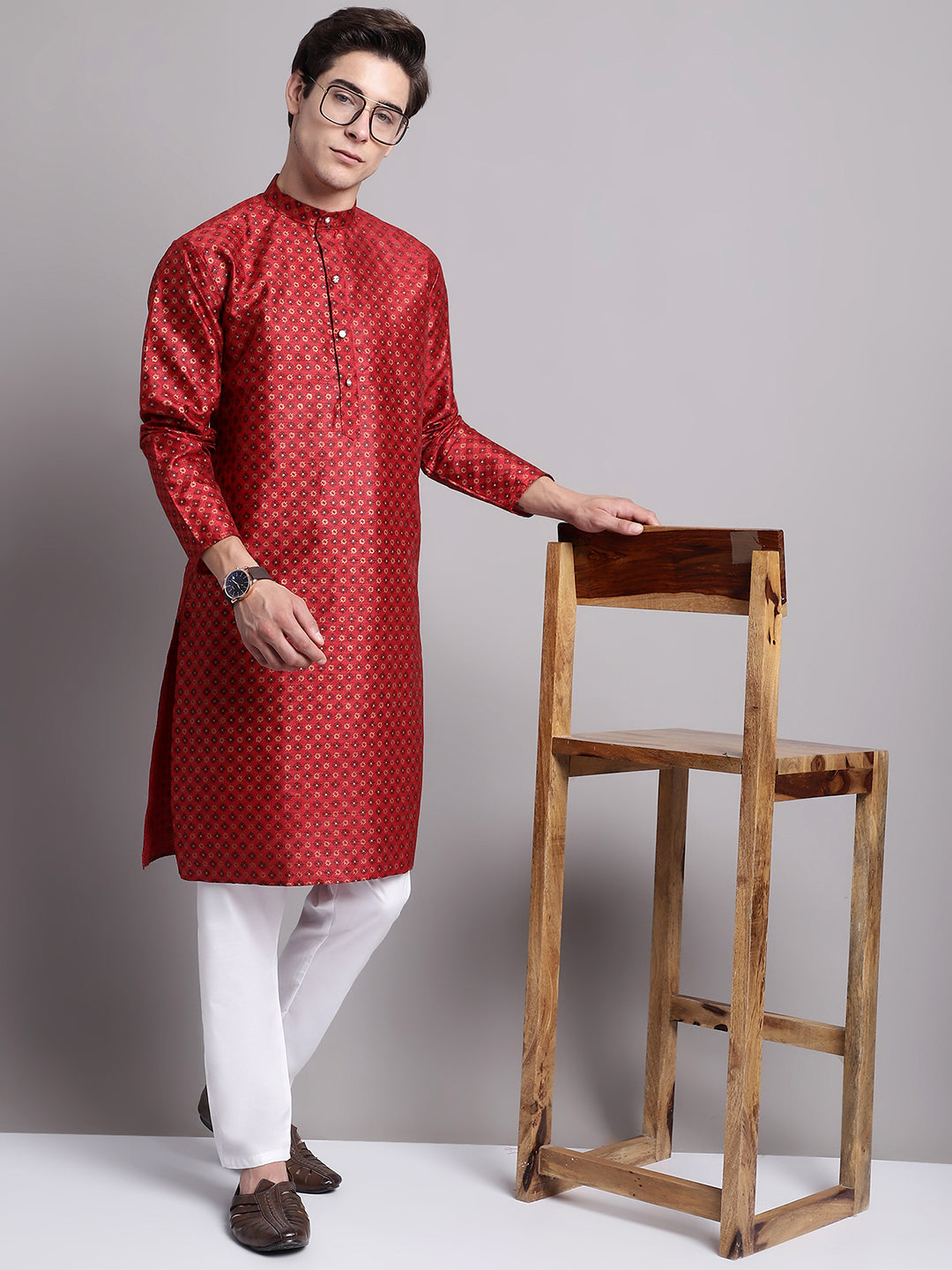 Jompers Men's Maroon Printed Silk Blend Kurta