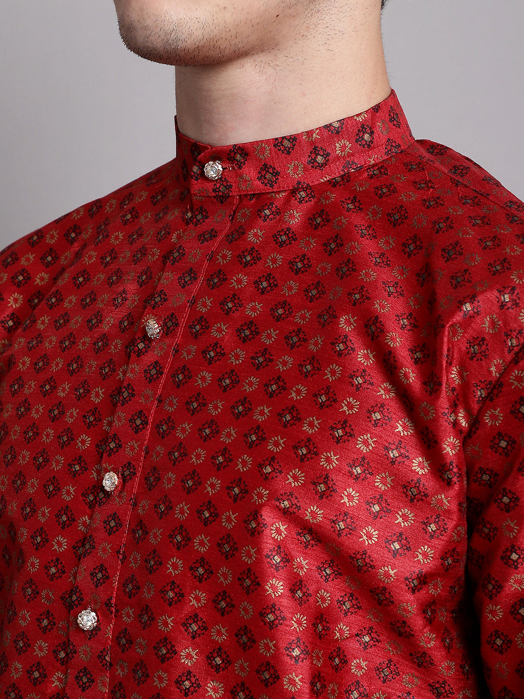 Jompers Men's Maroon Printed Silk Blend Kurta