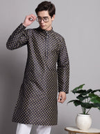 Jompers Men's Navy Blue Printed Silk Blend Kurta