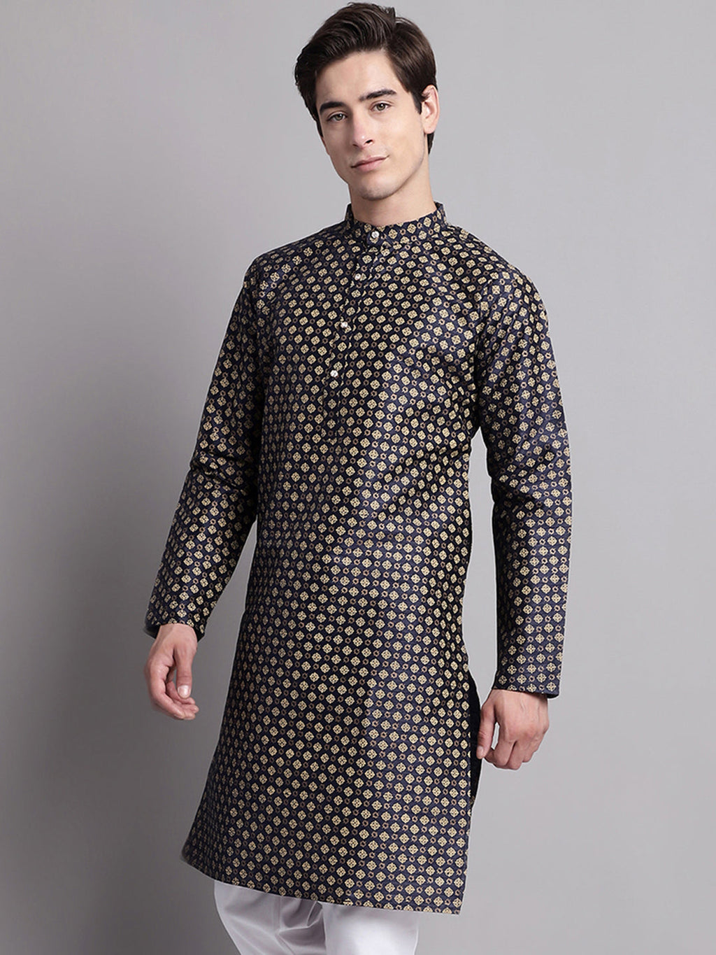 Jompers Men's Navy Blue Printed Silk Blend Kurta