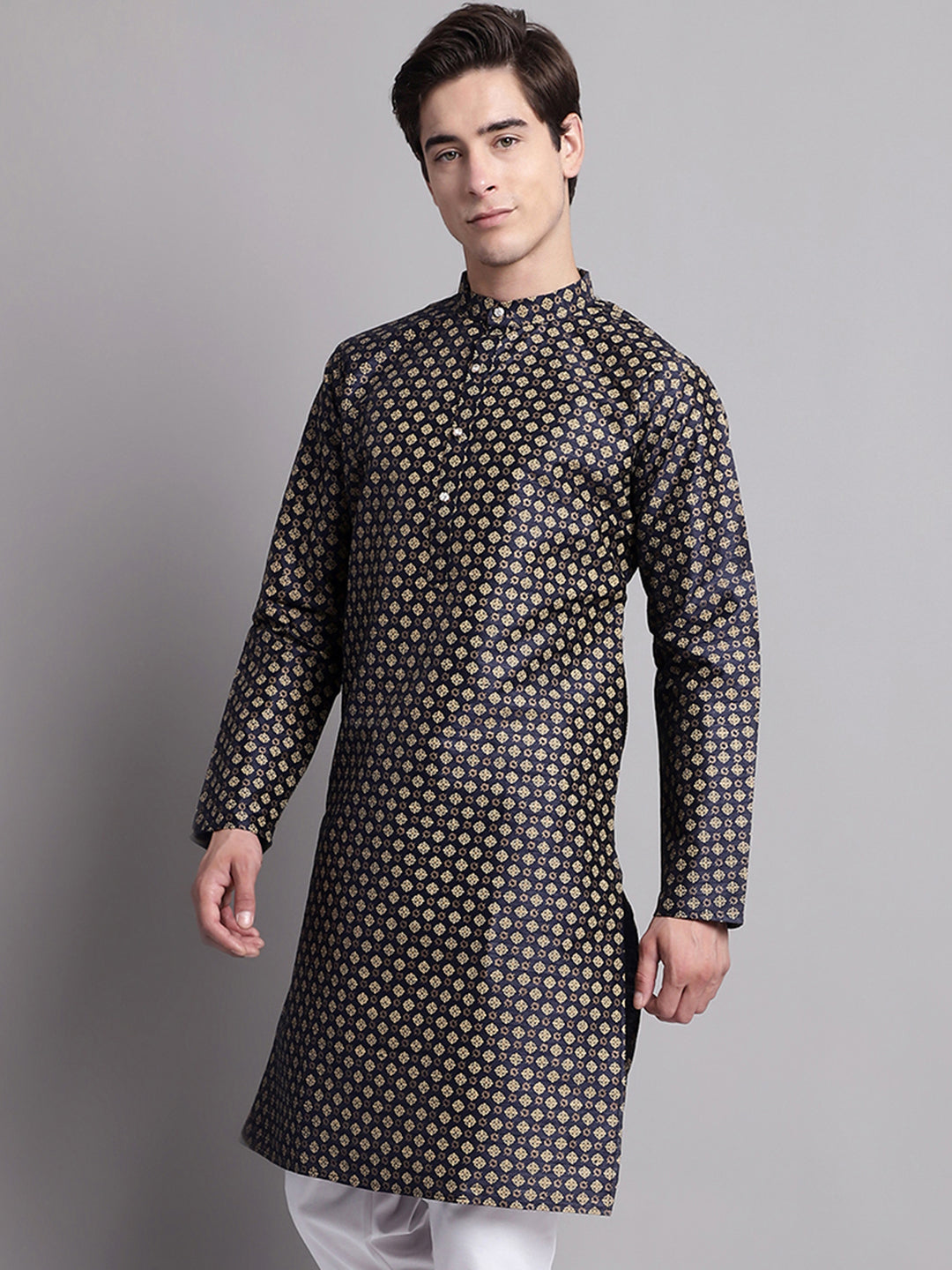 Jompers Men's Navy Blue Printed Silk Blend Kurta