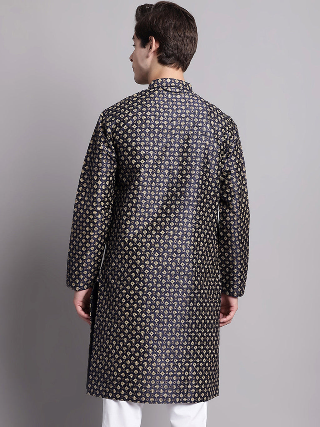 Jompers Men's Navy Blue Printed Silk Blend Kurta