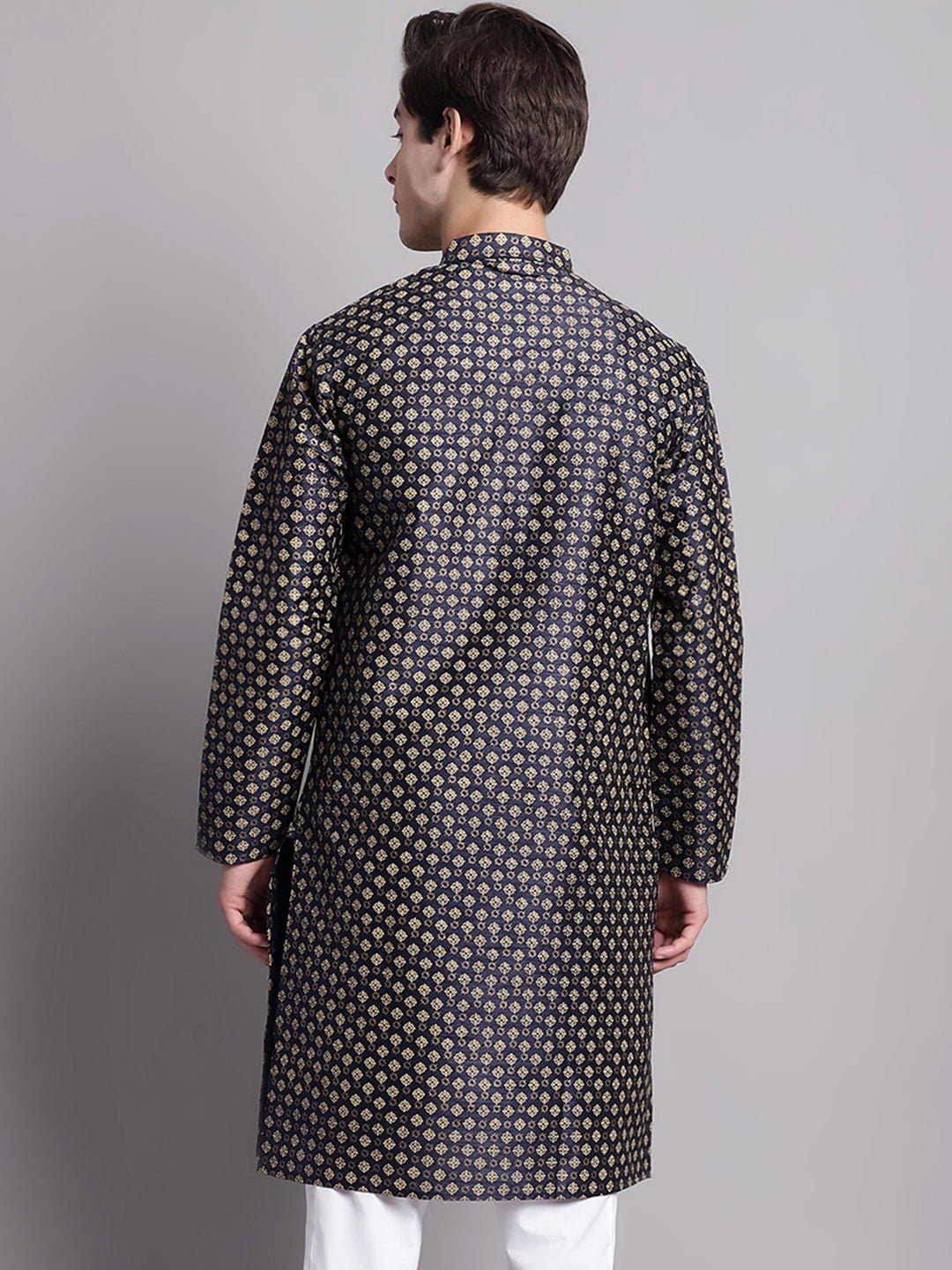 Jompers Men's Navy Blue Printed Silk Blend Kurta