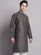 Jompers Men's Navy Blue Printed Silk Blend Kurta