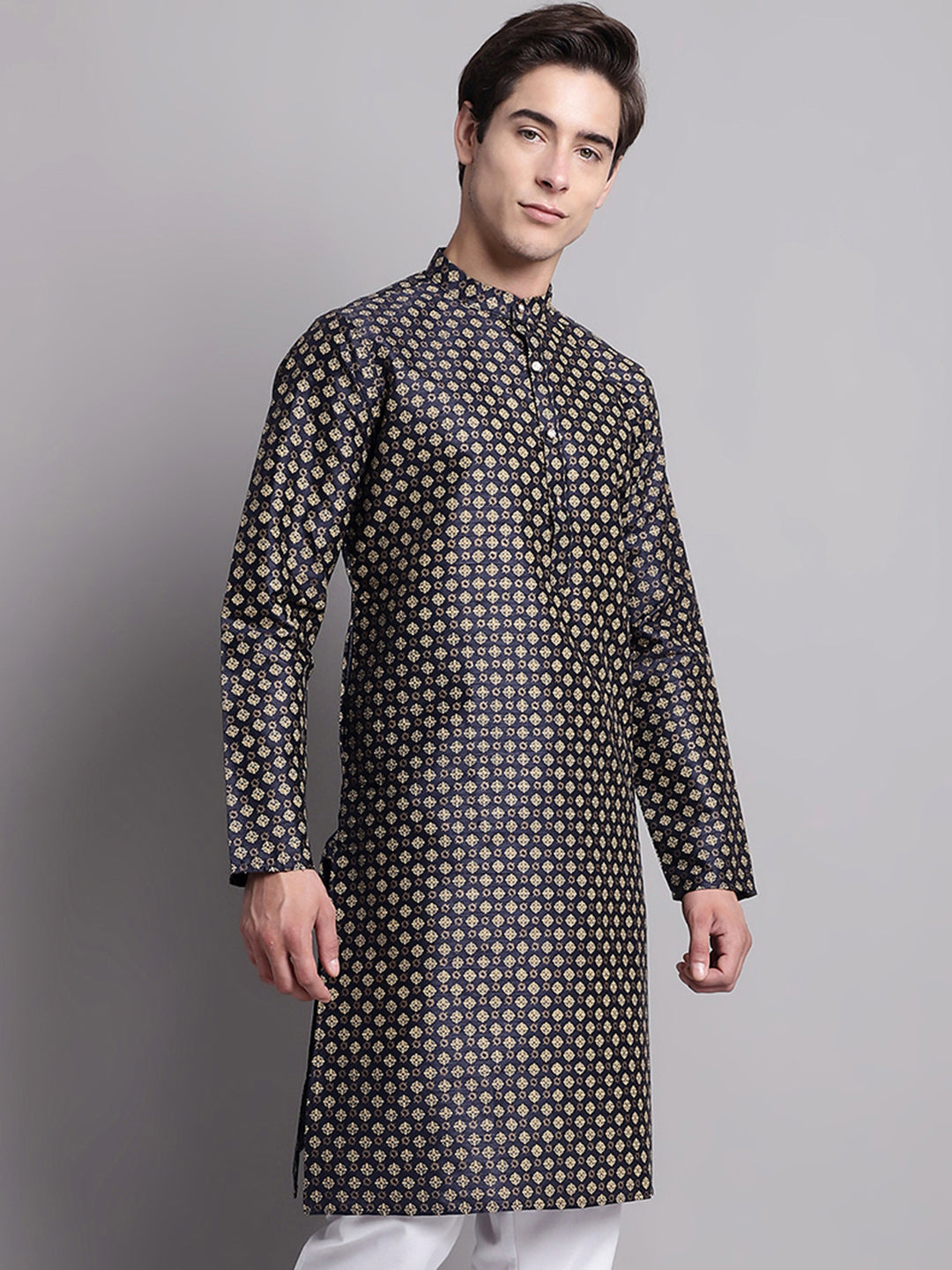 Jompers Men's Navy Blue Printed Silk Blend Kurta