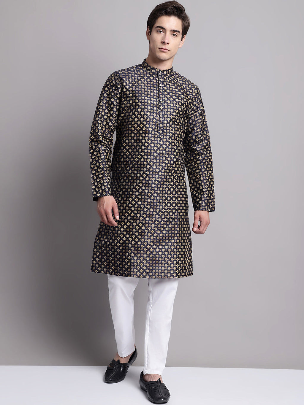 Jompers Men's Navy Blue Printed Silk Blend Kurta