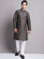 Jompers Men's Navy Blue Printed Silk Blend Kurta