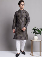 Jompers Men's Navy Blue Printed Silk Blend Kurta