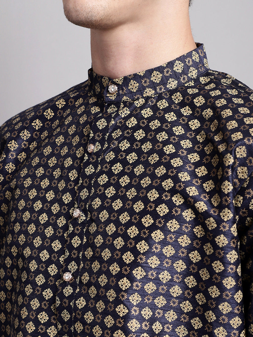 Jompers Men's Navy Blue Printed Silk Blend Kurta