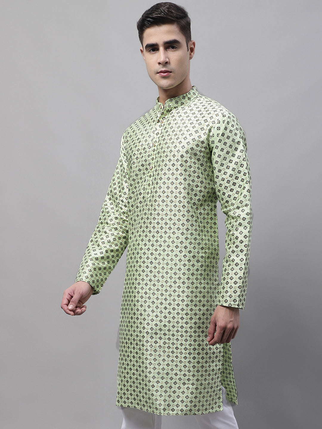Jompers Men's Pista Green Printed Silk Blend Kurta