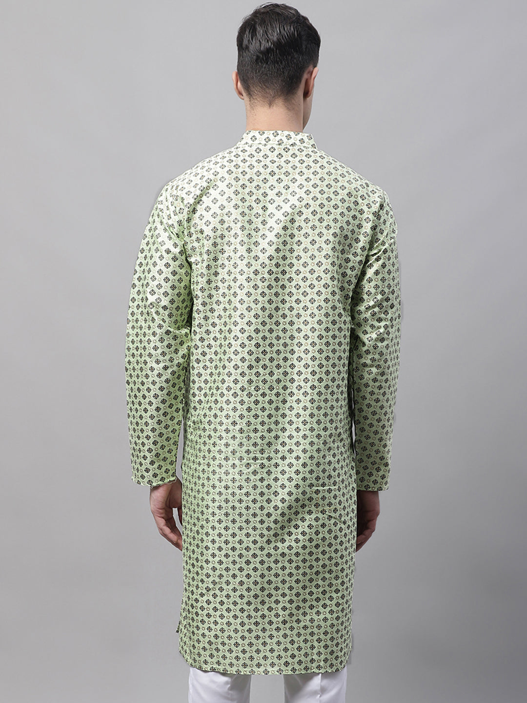 Jompers Men's Pista Green Printed Silk Blend Kurta