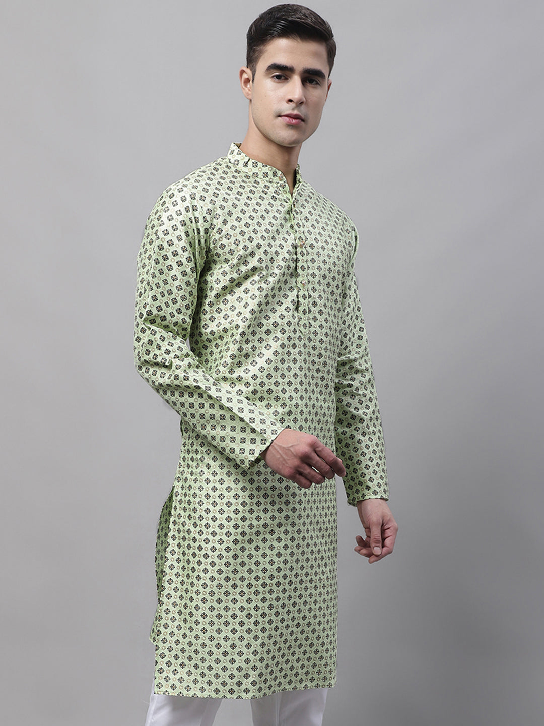 Jompers Men's Pista Green Printed Silk Blend Kurta