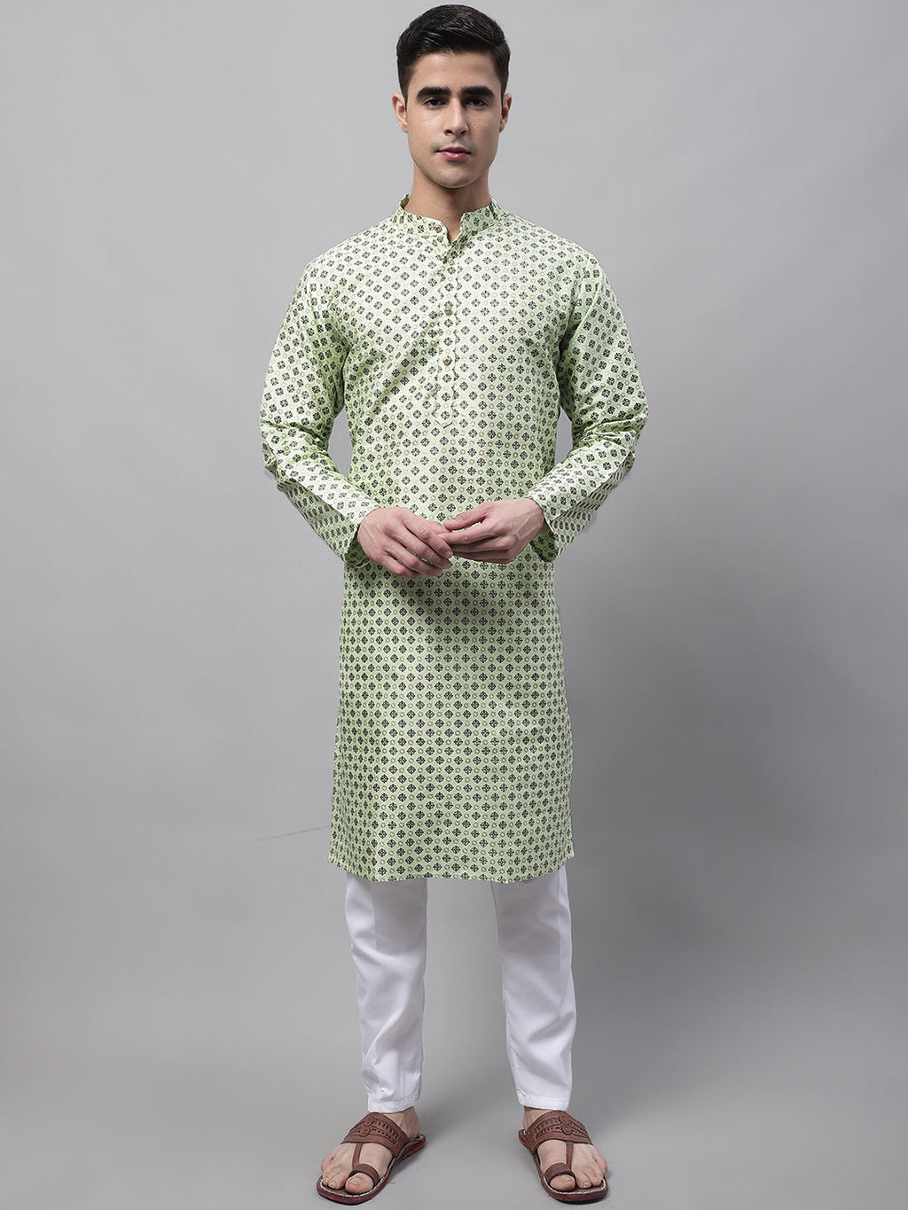 Jompers Men's Pista Green Printed Silk Blend Kurta