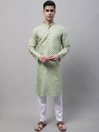 Jompers Men's Pista Green Printed Silk Blend Kurta