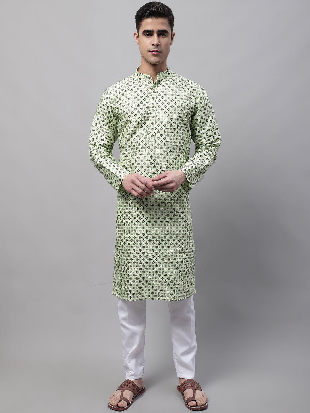 Jompers Men's Pista Green Printed Silk Blend Kurta