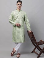 Jompers Men's Pista Green Printed Silk Blend Kurta