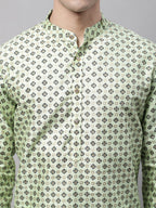Jompers Men's Pista Green Printed Silk Blend Kurta