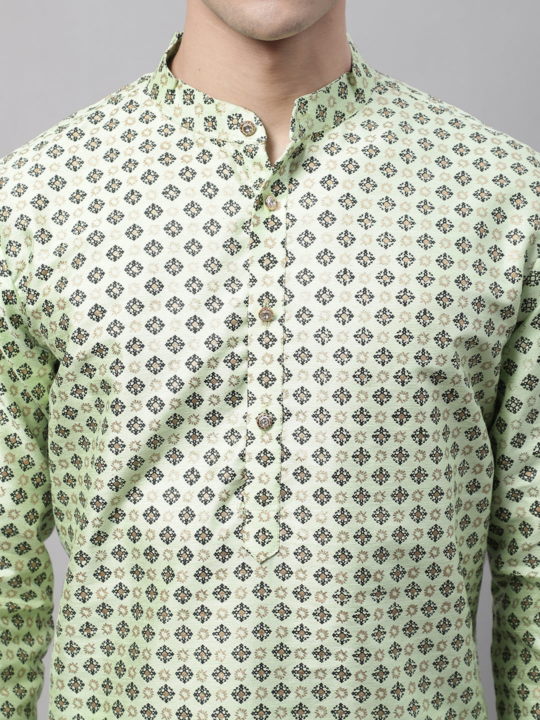 Jompers Men's Pista Green Printed Silk Blend Kurta