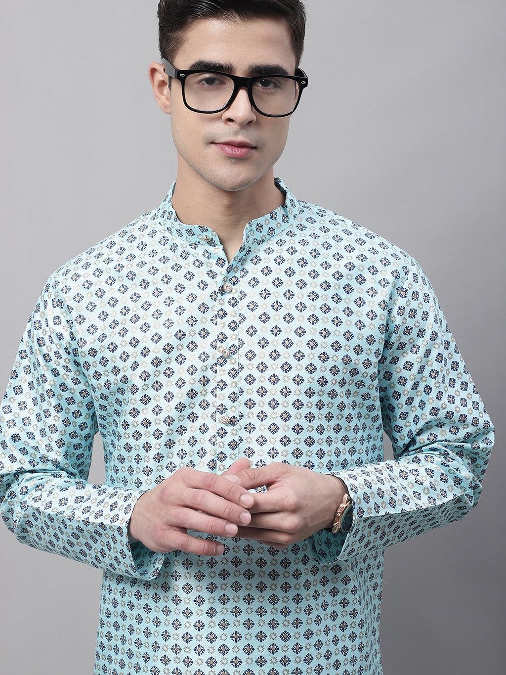 Jompers Men's Sky Blue Printed Silk Blend Kurta