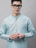 Jompers Men's Sky Blue Printed Silk Blend Kurta