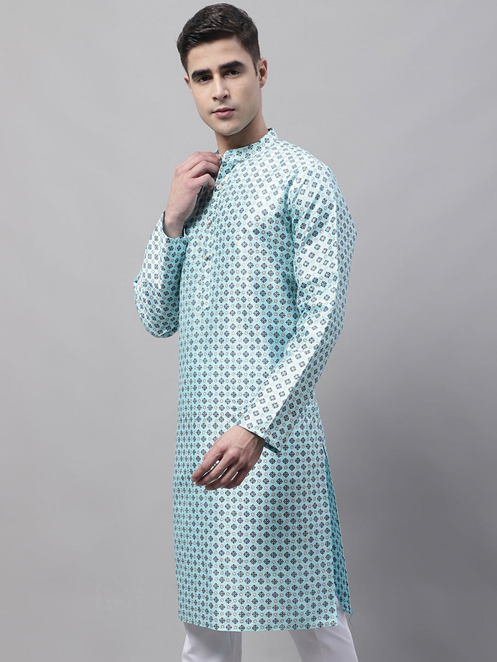 Jompers Men's Sky Blue Printed Silk Blend Kurta