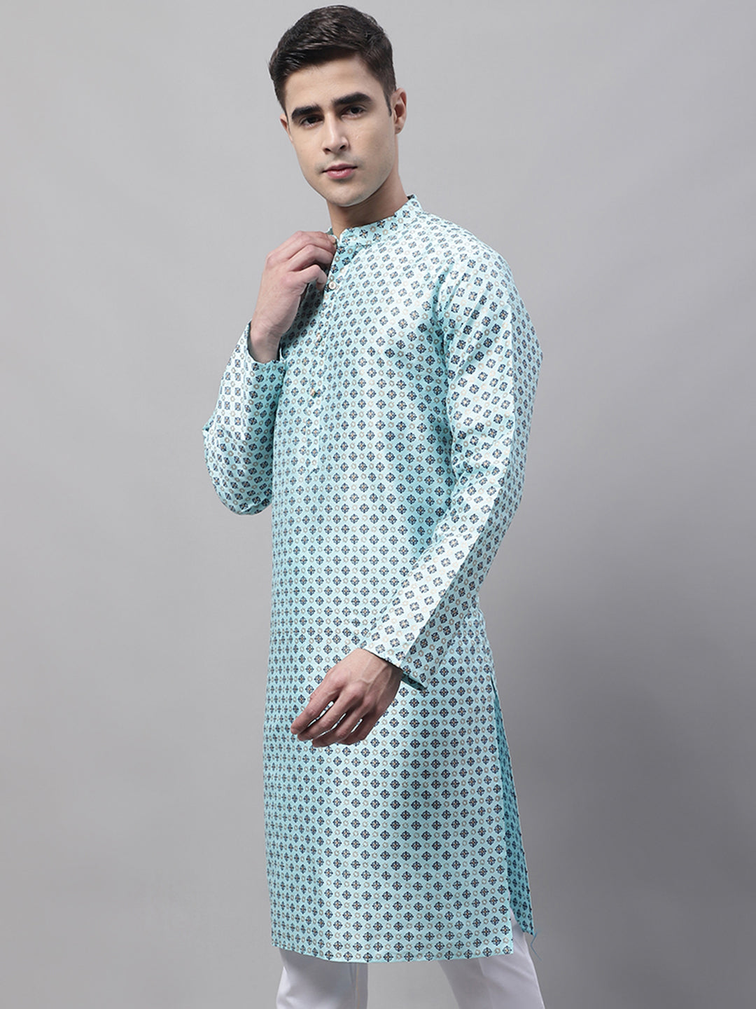 Jompers Men's Sky Blue Printed Silk Blend Kurta