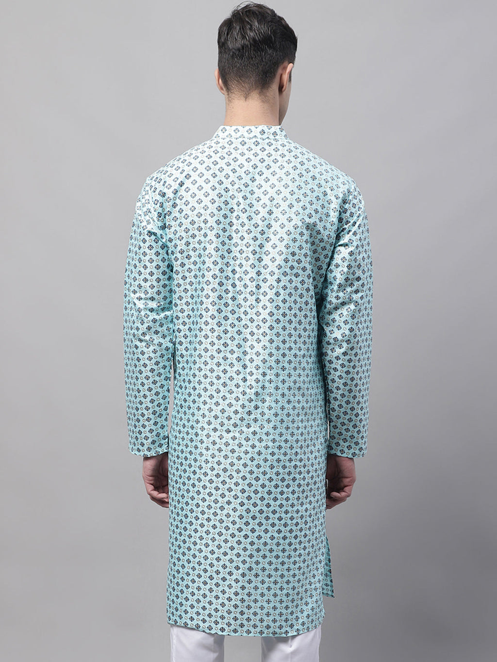 Jompers Men's Sky Blue Printed Silk Blend Kurta