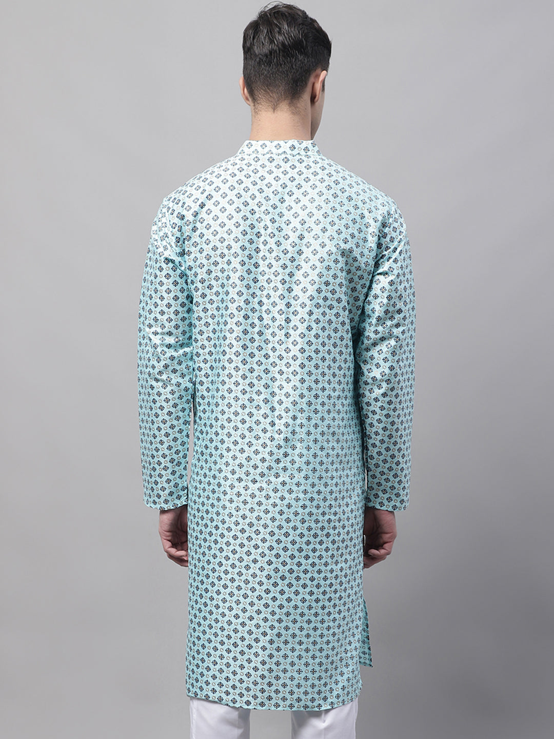Jompers Men's Sky Blue Printed Silk Blend Kurta