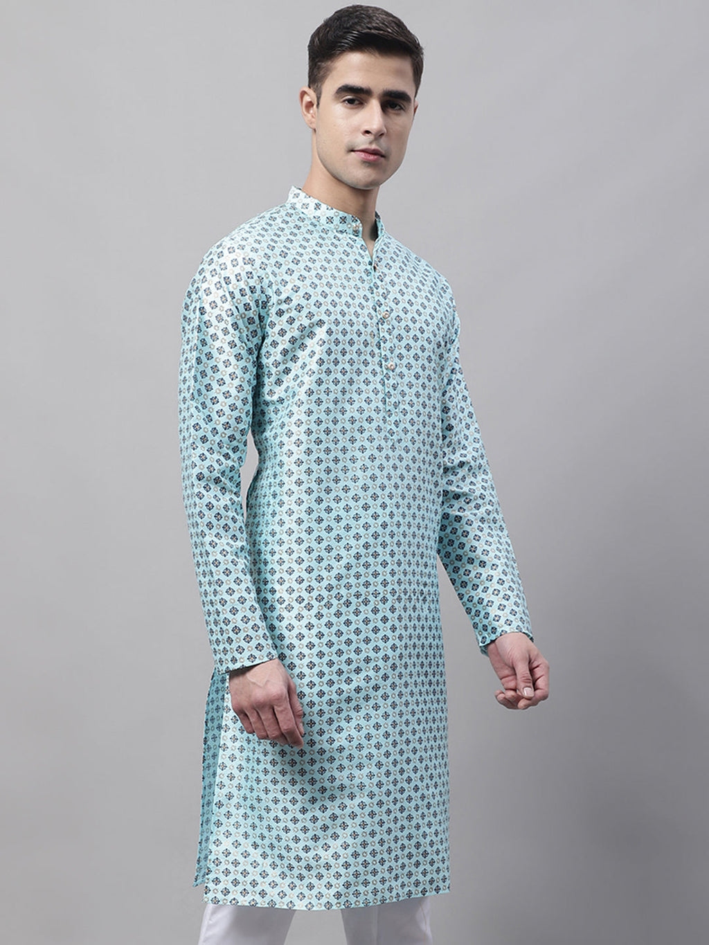 Jompers Men's Sky Blue Printed Silk Blend Kurta