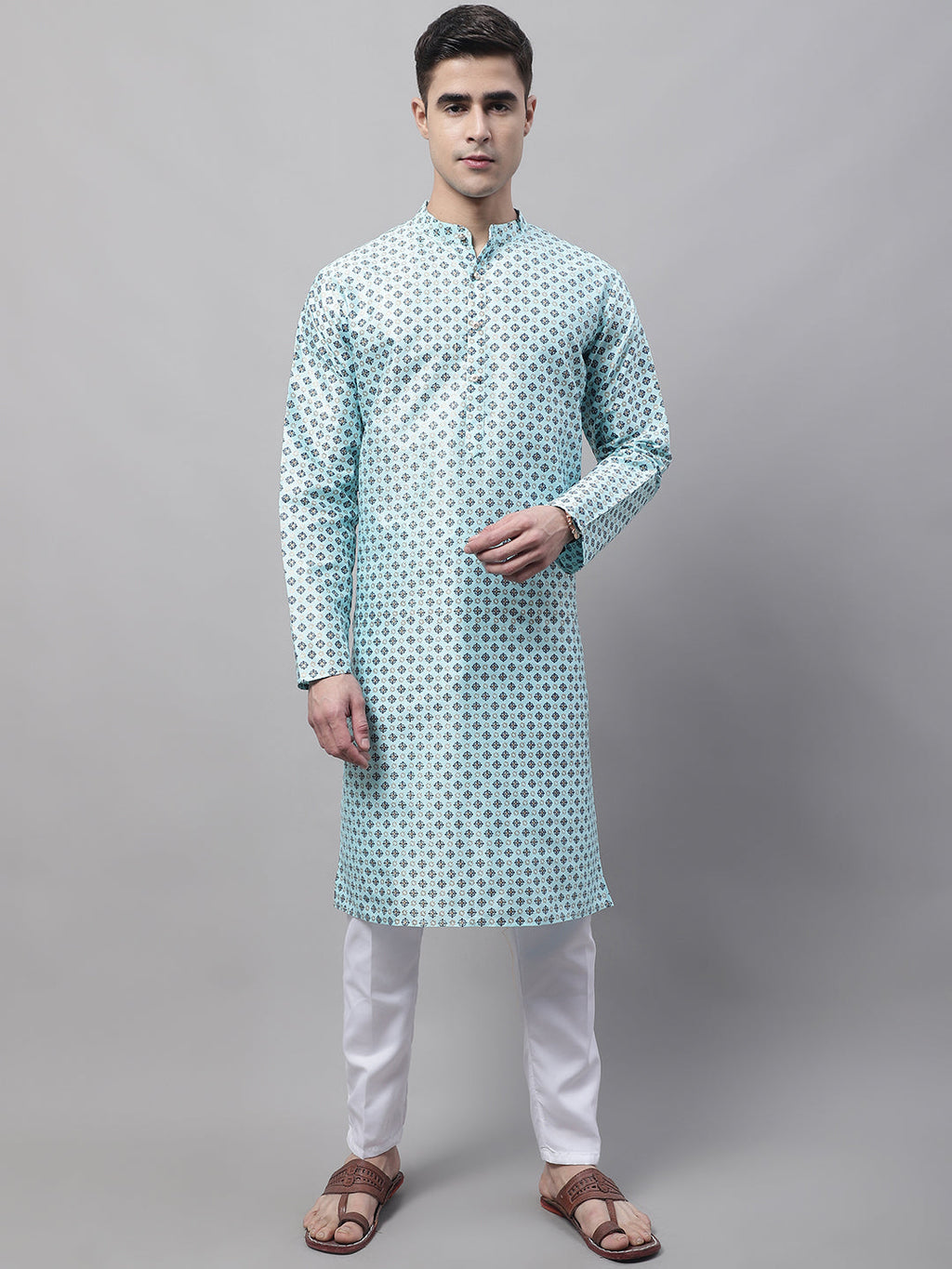 Jompers Men's Sky Blue Printed Silk Blend Kurta