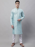 Jompers Men's Sky Blue Printed Silk Blend Kurta
