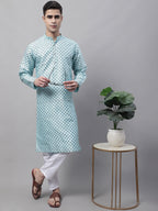 Jompers Men's Sky Blue Printed Silk Blend Kurta