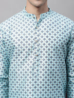 Jompers Men's Sky Blue Printed Silk Blend Kurta